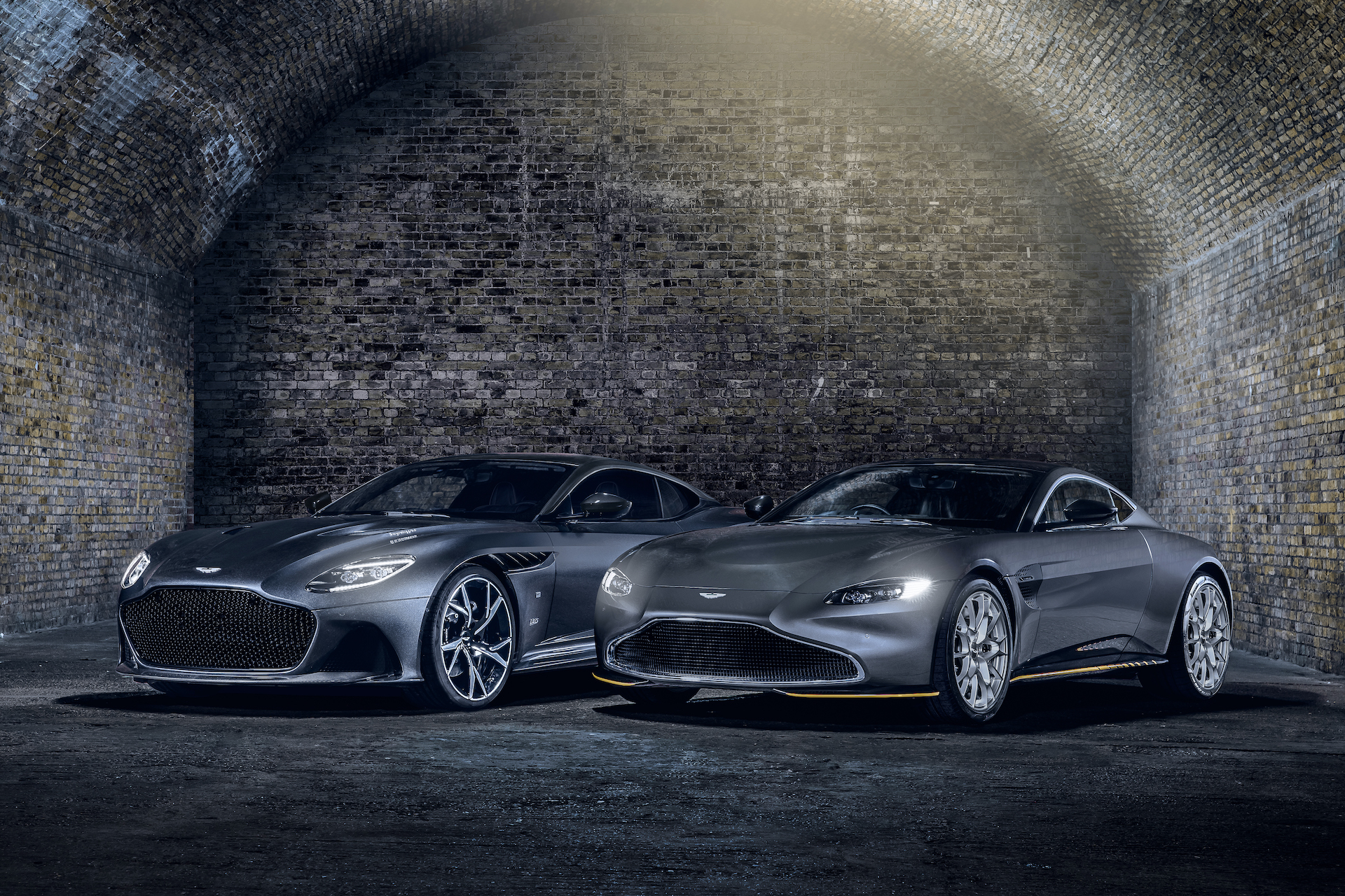 Aston Martin Vantage and DBS Superleggera 007 Limited Edition parked in an underground garage